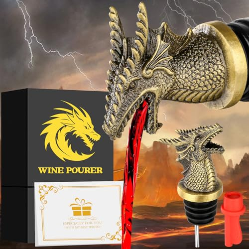 Dragon Head 2-in-1 Wine Bottle Pourer and Stopper, Dragon Gifts for Men Women Dragons Fans, Liquor Bottle Pourers Spout for Alcohol Spirits, Wine Accessories Gifts, Bronze