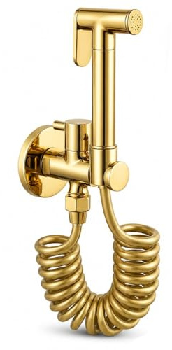Douchette Bidet WC Murale Or en Laiton, Kit Robinet Hygiénique avec Tuyau Flexible Spiralé 2,3 m, Support Mural, Connexion G1/2 pour Salle de Bain