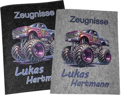 Zeugnismappe mit Namen - Mädchen und Jungen - Personalisiert Filz A4 Monstertruck - Dokumenten Urkunden Mappe Kinder - Hefter Zeugnisse - Sichtbuch Grundschule