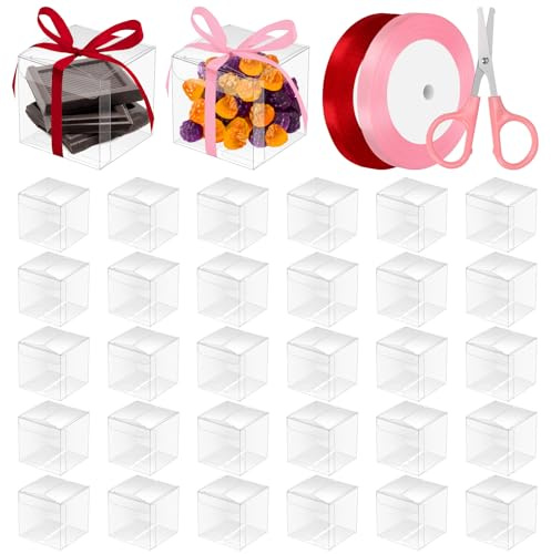 Mardatt 30 Stück 2x2x2 in klaren Boxen für Begünstigungen, Kunststoff klar Favor Boxen mit Bändern Schere, transparente Würfel Geschenk Cupcake Boxen