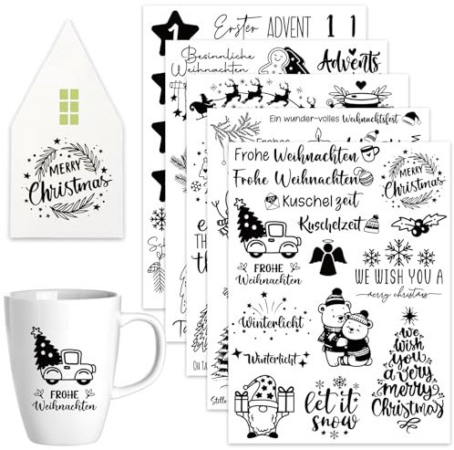 Rub On Sticker Weihnachten - 5 Bogen Sprüche Frohe Weihnachten - Rub On Folie Transferaufkleber zum Basteln und Dekorieren für Raysin Keraflott Möbel Glas Holz Klötzchen(19x14cm)