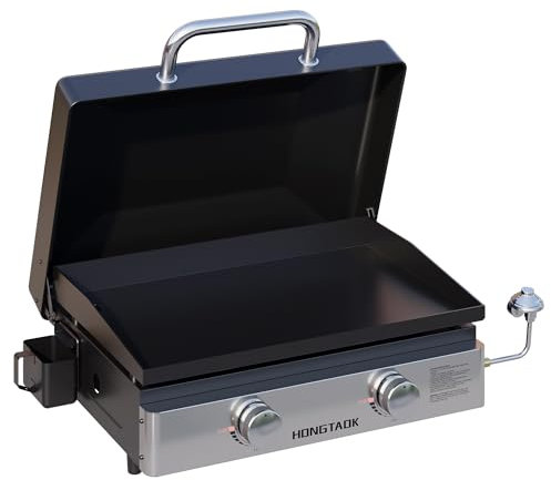 HongTaok Grill portatile a gas propano da 58,9 cm con coperchio e teglia rivestita in ceramica, piastra da tavolo antiaderente per esterni, cucina, barbecue, campeggio, 2 fuochi