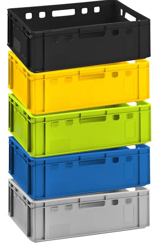 Fleischkiste E2 5er Set Eurobox 60x40x20cm Bunt Gemischt Stapelkiste Robust | BURI, lebensmittelecht, Made in Germany, stapelbar, Lagerkiste, Metzgerkiste, Transportbox, robuster Kunststoff, vielseitig