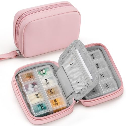 Zannaki Joli pilulier pour sac à main avec deux piluliers amovibles de 7 jours, pilulier de voyage en cuir synthétique, pilulier hebdomadaire portable avec sac de rangement pour contenir des