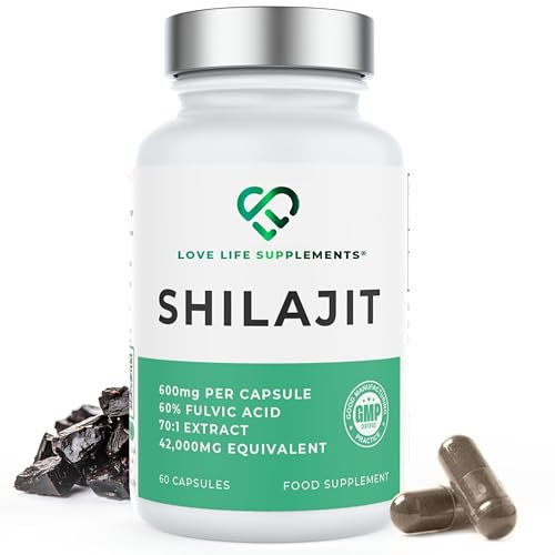 High Strength Shilajit Capsules, 60 x 600mg from 42,000mg Shilajit Resin, 2 Month Supply, 70:1 Extract, 60% Fulvic Acid, Pure Shilajit No Fillers - Energy, Stamina & Mood Support