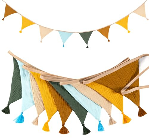 Girlande Wimpelkette Kinderzimmer 2.6m Musselin Baumwolle Stoff Wimpelkette mit Quasten Babyzimmer Deko Wimpel Wetterfest Outdoor Kinderzimmer für Mädchen und Junge (B)