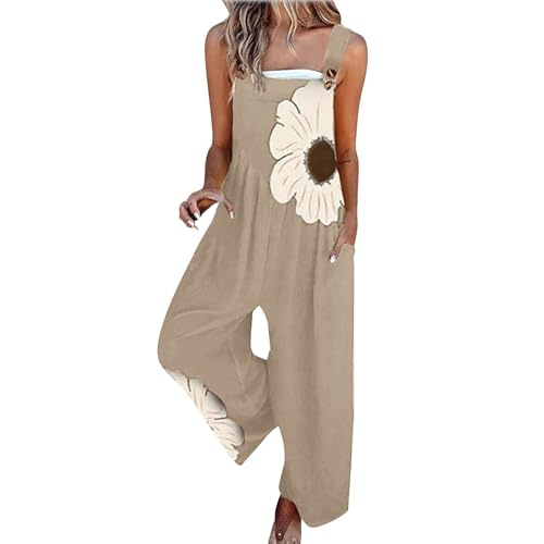 Jumpsuit Damen Sommer Lang Latzhose Blumenmuster Overalls Casual Lose Playsuit Weites Bein Romper mit Taschen Sommeroverall Leicht Sommerhose Einfarbig Bequem Ärmellos Playsuit Arbeitshose S-2XL