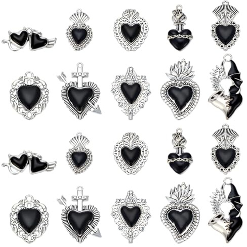 CRAFTYMELODY 20 Stück Herzanhänger 10 Stile Heiliges Herz Anhänger Legierung Emaille Schwarz Anhänger Western Gothic Mit Flügeln Für Schmuck Armband Halskette