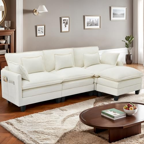 IUXPAM Ecksofa Modulares L-förmiges Sofa, Bequeme Cloud Couch für Wohnzimmer Extra Tiefe, Chenille Stoff mit Abnehmbaren Ottoman (Beige, 3 Sitze mit 1 Ottomane)
