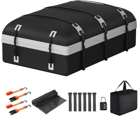 CARFORU Car Rooftop Cargo Carrier Bag, 30 Cubic Feet Waterproof Soft-Shell Car Roof Bag for All Vehicle with/Without Rack, Include Anti-Slip Mat, Reinforced Straps, Door Hooks Luggage Lock (Grey)