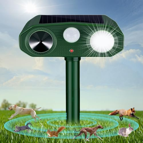 Ultrasonic Cat Repellent, Solar & USB Powered Animal Repeller, Cat Deterrents with PIR Motion Sensor & Flashing Light, 3 Modes Waterproof Wild Animal Scarer Repellent for Cats, Dogs, Fox, Bird