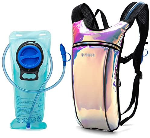 Trinkrucksack mit 2L Wasserblase, leichter Isolierung, Wasserrucksack, für Raves, Festivals, Konzert, Wandern, Radfahren, Klettern, Laufen und mehr (Holografisch - Blau, 2L Wasserblase)