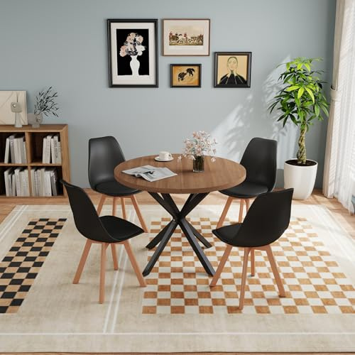 GrandCA HOME Esstisch mit 4 Stühlen, Esszimmer-Set, 100 * 100 * 75 cm, Runder Esstisch aus Holz, 4 Stühle mit Hoher Rückenlehne, Beine aus Holzbuche, (Dunkelbraun +Schwarz)