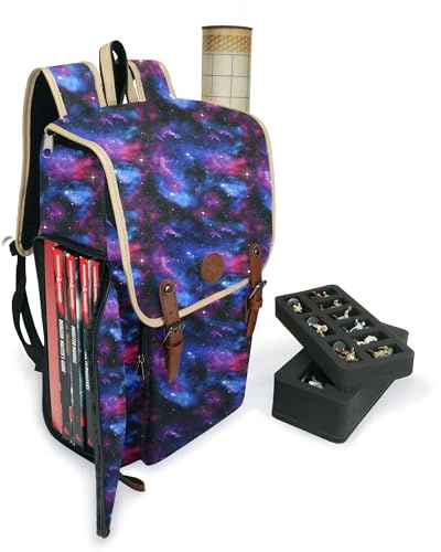 ENHANCE Designer Edition DnD-Rucksack - Stilvoller RPG-Rucksack für Dungeons and Dragons - Reisetasche für 4 Bücher und Ordner mit Miniaturaufbewahrung, Kartenhalter, bequemen Schultergurten (Galaxis)