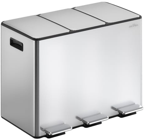 mVm Mülleimer Küche,45 Liter Treteimer,3 x 15 Liter Treteimer, 3 Fächer, Mülltrennsystem, Abfalleimer Küche mit Inneneimer aus Kunststoff,Metall,Klappdeckel, Softclose, Luftdicht
