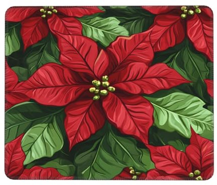 Red Flower Mouse Pad Poinsettia Gaming Mouse Mat with Stitched Edges Non-Slip Rubber Base Mousepad for for PC Laptop 26x21cm