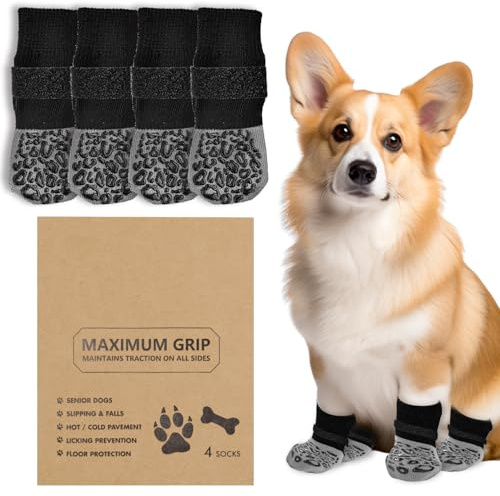 Anti-Rutsch Hundesocken für Holzböden, Pfotenschutz mit zusätzlichem Grip, verhindert Lecken und Ausrutschen, Hundeschuhe für kleine, mittelgroße und große ältere Hunde (Leopardenmuster, Größe M)
