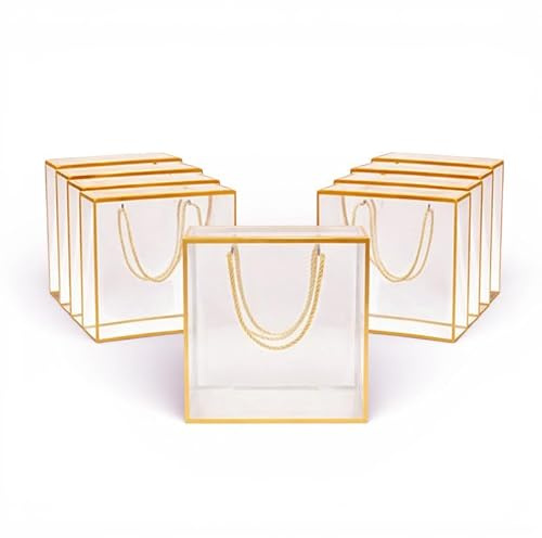 Emartbuy Klar presentförpackning med guldkant och rephandtag – storlek 1 (14 × 14 × 7,5 cm) – paket med 12 | Premium transparent presentförpackning för choklad, smycken och lyxig present