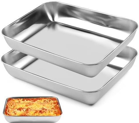 Set di 2 pirofile in acciaio inox, teglia da forno, 25,5 x 19,5 x 4,5 cm, ciotola in acciaio inox, rettangolare, atossica e sana, teglia da forno per forno, servire, cottura