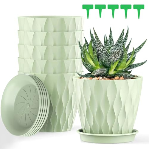 5er Set Blumentopf mit Untersetzer, 12.6cm Kunststoff Pflanzentopf mit 5 Tiketten, Übertopf mit Mehrere Ablauflöchern Blumentöpfe Set für Sukkulenten, Kakteen und Kleine Zimmerpflanzen (Hellgrün)