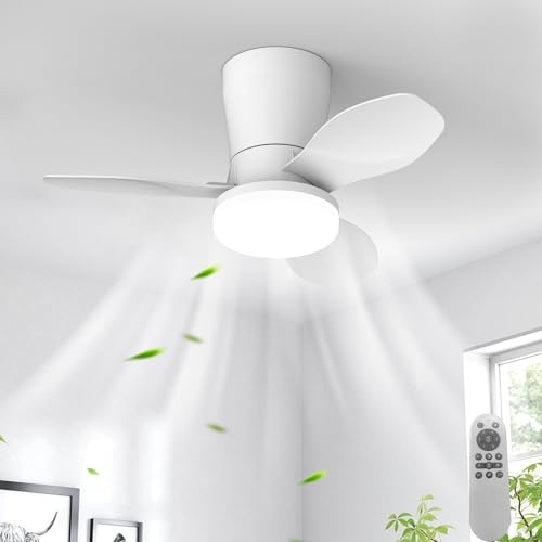 Qcyuui Ceiling Fans with Lights for Small Spaces, LED Ceiling Fan Light with Remote, 6 Speed Quiet Reversible Motor, Timer and Separate Fan Light Control for Living Room Bedroom Kitchen White