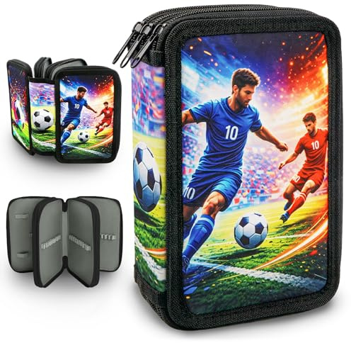 ZXShow Astuccio per ragazzi e ragazze con 3 scomparti, grande capacità, astuccio per la scuola in tessuto Oxford con cerniera per bambini, studenti, adolescenti, Cool palla da calcio, L, Energia