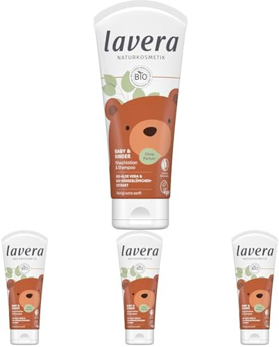 lavera Baby & Kinder Waschlotion und Shampoo - hautschonend - sanfte Reinigung - ohne Duft- & Konservierungsstoffe - vegan - Naturkosmetik - 200 ml (Packung mit 4)