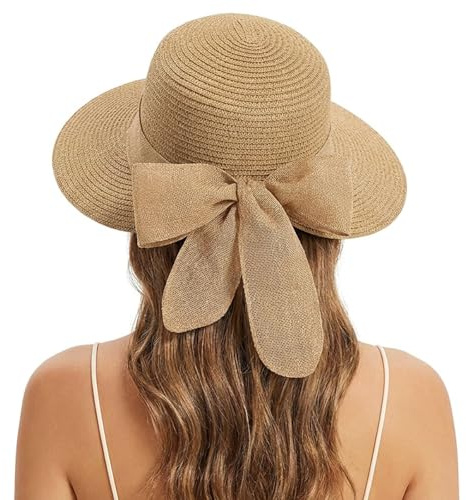 BelleVive sombreros de sol para mujer, sombrero de playa de paja con protección UV, sombrero de playa con ala ancha y lazo, sombrero de sol plegable con lazo, sombrero de verano con protección UV