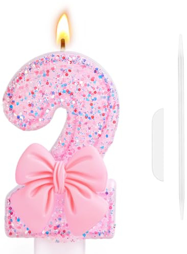 AYBUY Velas de cumpleaños número 2, 3D Lazo Rosa | Velas de Pastel de Cumpleaños, Birthdays Glitter Number Candle, decoración de fiesta temática de pastel de vela celebraciones