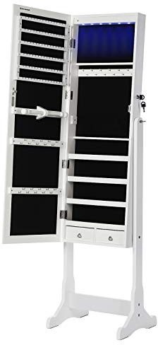 SONGMICS LED Beleuchtung Schmuckschrank, mit Spiegel, 4 Ablagen und 2 kleinen Schubladen, abschließbar JBC94W