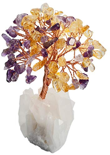 KYEYGWO Amethyst & Citrine Kristall Geldbaum auf Bergkristall Cluster Base, Feng Shui Bonsai Glücksbaum Kristallbaum Deko für Glück, Reichtum und Gesundheit, 11-14 cm Hoch