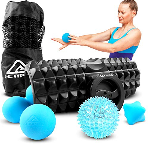 Actipro - Complete 5 Piece Foam Roller and Massage Ball Set. Includes Foam Roller, Spiky Ball, Lacrosse Ball, Peanut Roller & Hex Ball. Self-Myofascial Trigger Point Release. Whole Body Massage.