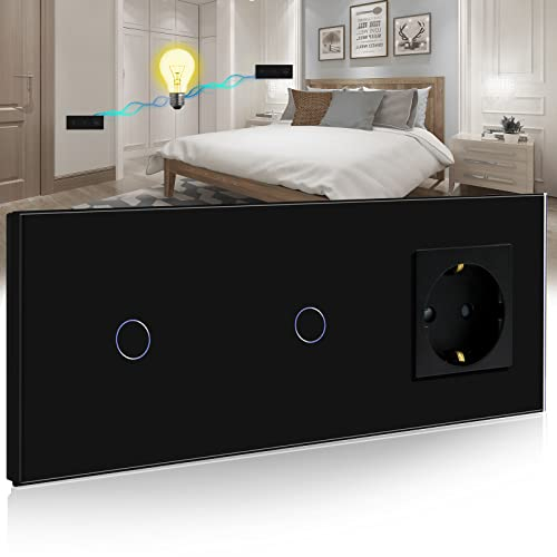 BSEED Touch Lichtschalter mit Schuko Steckdose mit LED Anzeiger doppelte 1 Fach 2 Wege Glas Lichtschalter mit eine Wandsteckdosen Schwarz 228mm