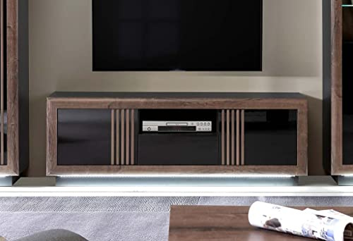 Forte Savona TV-Schrank 160 170, moderner Schrank mit 2 Türen und 1 Schublade, Lowboard, Holzwerkstoff, Schwarz/Edeleiche Holzdekor/Schwarz Hochglanz, 162,7 cm breit x 56,2 cm hoch x 42,3 cm tief