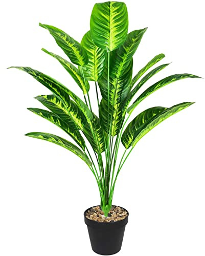 Rozwkeo Artificial Plants Fake Banana Tree with Green Leaves in Plastic Pot 80cm Faux Strelitzia Jungle Tropical Plants Greenery Decoration for Home Indoor Outdoor Office Garden (Yellow)