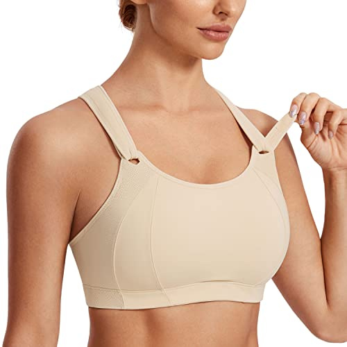 SYROKAN Sport-BH för kvinnor framtill justerbar hög inverkan stöd vadderad trådlös brottarrygg plus size löpar-bh, Beige olja, 90C