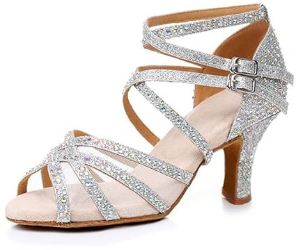 Rosefinch Chaussures de Danse Latine Strass Salsa Chaussures de Danse pour Femmes/Filles, Semelles Souples Argenté 7cm Talon 39 EU