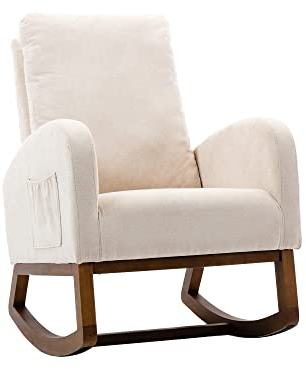 SUPPNEED Schaukelstuhl, gepolstertes Kinderzimmer Glider Rocker für Baby und Kinder, Comfy Sessel mit Side Pocket, Wohnzimmer Lounge Sessel mit hoher Rückenlehne (Beige)