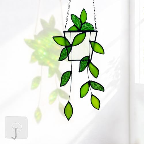 Royxen Kolibri Buntglas-Fensterbehänge, handgefertigter Vogel-Sonnenfänger für Hausfenster (grüne Pflanzen)