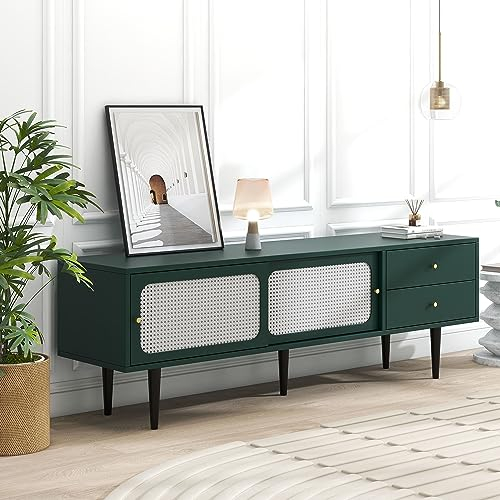 kubeier Modernen Stil TV Schrank mit Rattan-Schiebetüren und praktischen Schubladen, TV- Bank Sideboard Lowboard Wohnwand mit 4 Fächer mit beweglichem Laminat, grün mit weißem Rattan