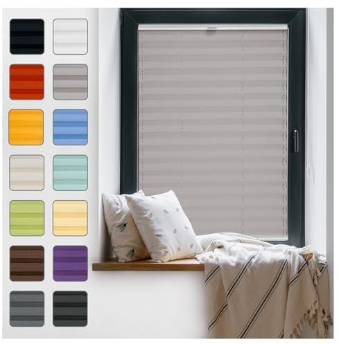 Fenster Plissee ohne Bohren zum Kleben Innenrahmen - Thermo Plisseerollo Innen - Rollo Jalousie, Halterungen auf Rahmen, Faltrollo, Sichtschutz, Blickdicht, für Fenster & Tür - Grau, 30 x 70 cm