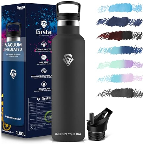 Grsta Botella Agua Acero Inoxidable, Botella Termica 1000ml, sin BPA, Botella agua Gimnasio, Cantimplora Termica para Adultos, Deporte, Oficina, Escuela, Gym