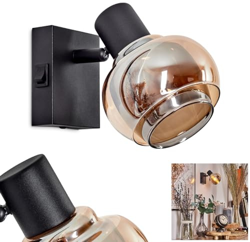 Wandleuchte Cevio, moderne Wandlampe aus Metall/Glas in Schwarz/Rauch-/Bernsteinfarben, verstellbarer Wandspot im angesagten Retro/Vintage-Design, An-/Ausschalter am Gehäuse, 1x E14, ohne Leuchtmittel