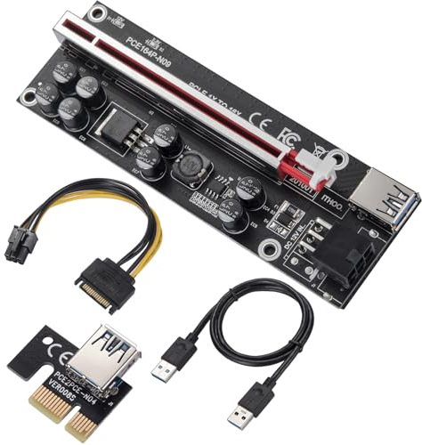 MZHOU PCI-E 1X bis 16X Riser Card mit 0,6 Meter USB 3.0 Verlängerungskabel und 6-Pin SATA Stromkabel - GPU Extender Riser Card - für Bitcoin Litecoin Ethereum Mining (VER009S-PLUS, 1 Pack)