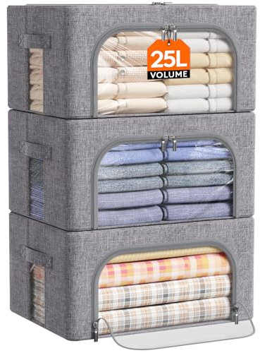 Lifewit 3 pezzi Scatole per Armadio Rigide con Cerniera, Organizzatore Armadio con Struttura in Metallo Pieghevole, Contenitori per Armadio Impilabili per Vestiti, Trapunte, Piumone, Grigio, 25L