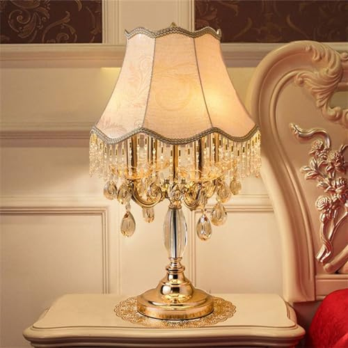 NIUYAO Romantic Pastoral Fabric Night Table Lamp Classic Desk lamp 4 Heads Bedside Nightstand Lighting in Gold with Crystal Accent