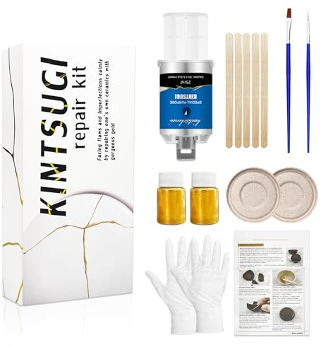 MUFUN Kintsugi Reparaturset, Reparatur von Keramikschüsseln & Vasen mit Goldpulverkleber, Einsteiger-Kintsugi-Set perfekt für Anfänger, einfaches Kintsugi-Craft