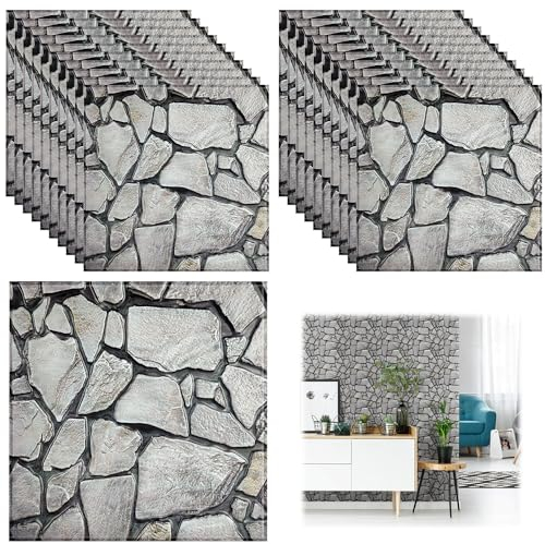 20 Stück 3D Wandpaneele Selbstklebend, 30 × 30 cm Selbstklebende Tapete Wandpaneele Wandfliesen, Steintapete, 3D Wall Panels, Wandverkleidung Steinoptik für Die Innen und Außendekoration, Wasserfest