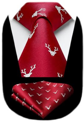 HISDERN Corbata de Navidad Rojo para Hombre Patrón Ciervo Festivo Conjunto Corbata y Pañuelo de Xmas Fiesta