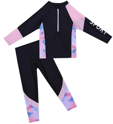 Long Sleeve Sunsuits Swim Shirt with Pants Set for Girls Two Piece Swimwear for Water Sports Black 9-10 Years